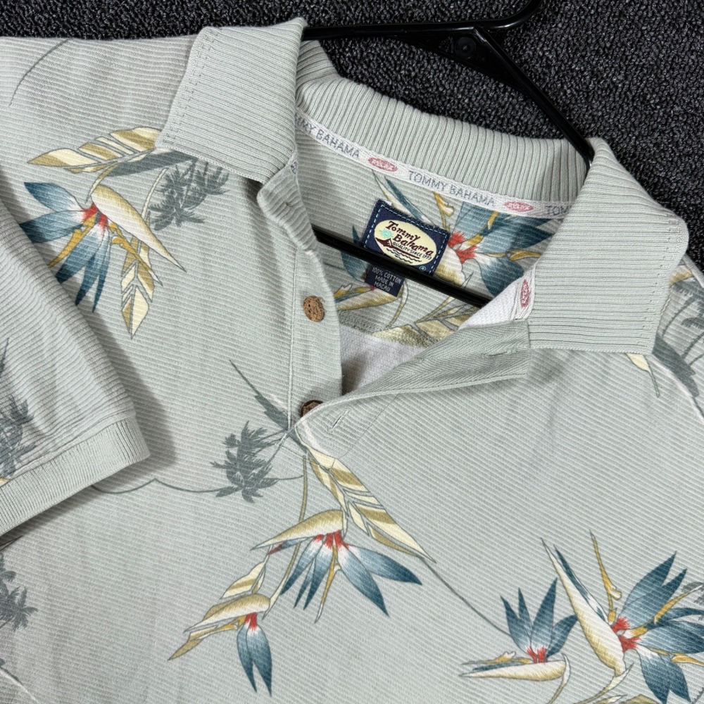 Vintage Tommy Bahama Men's M Polo Shirt Blue Bird of Paradise Palm Cotton Ribbed